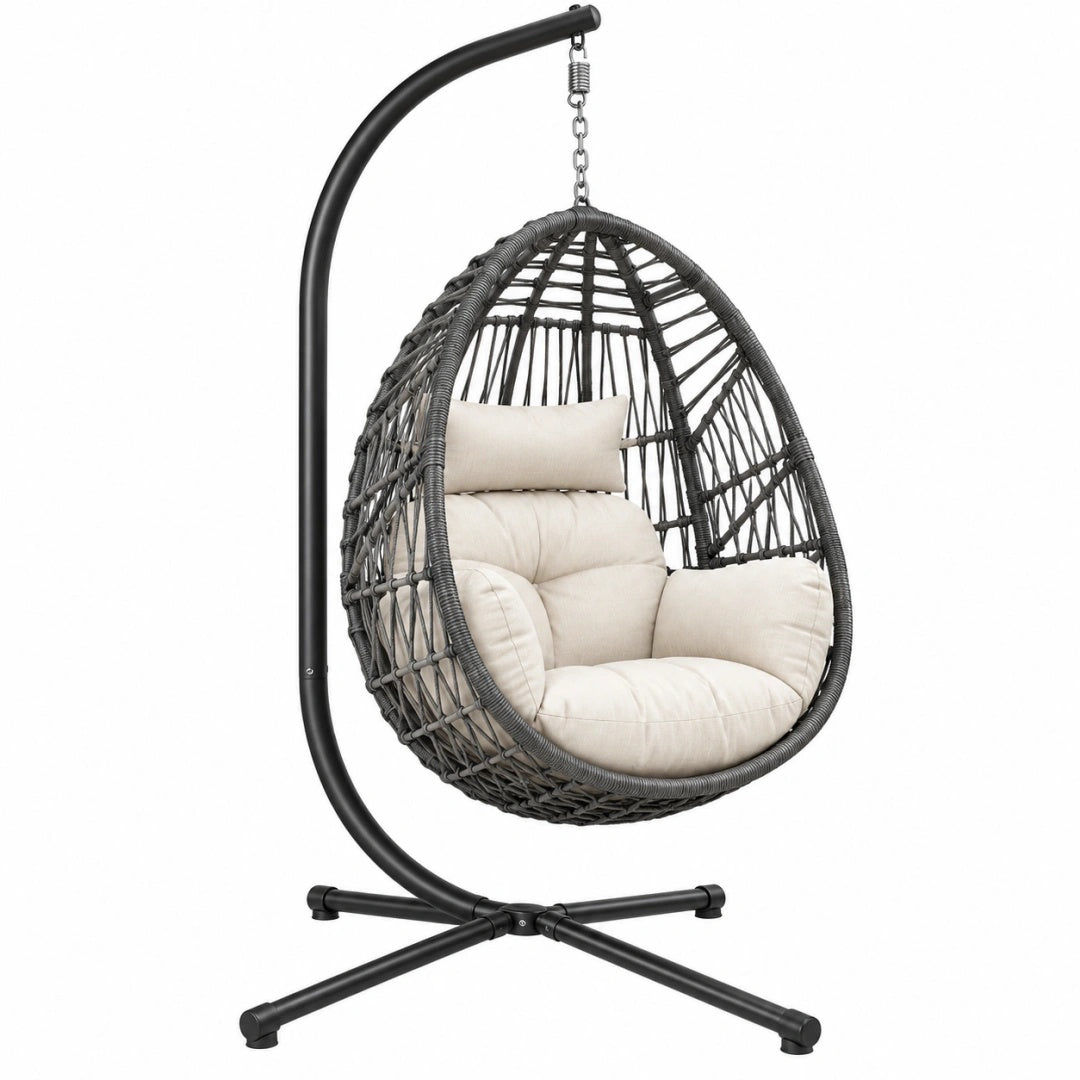 Hängesessel 104 x 104 x 198 cm aus Stahl und Kunststoffgeflecht in Schwarz Grau mit Gestell