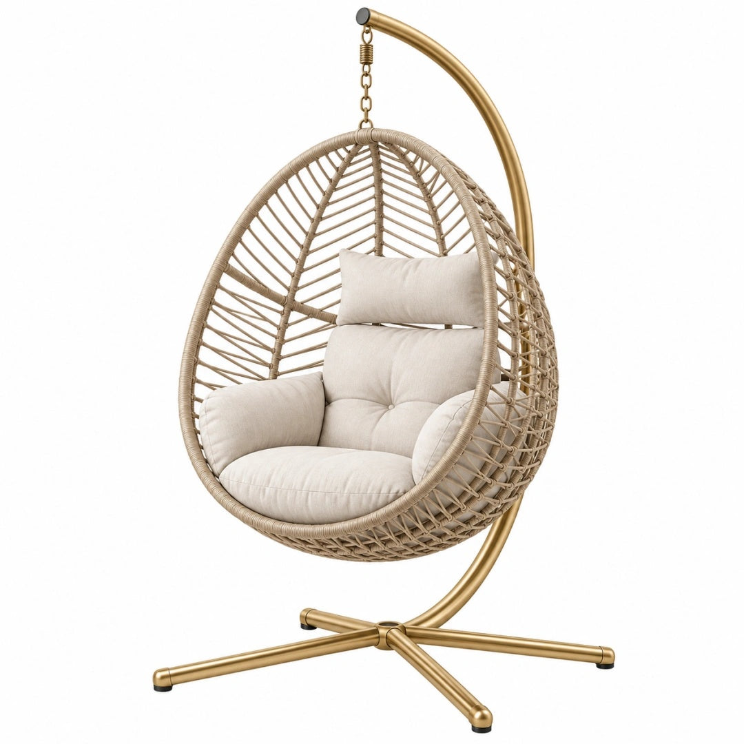 Hängesessel 105 x 105 x 195 cm Kunststoffgeflecht Beige Gold mit Standgestell