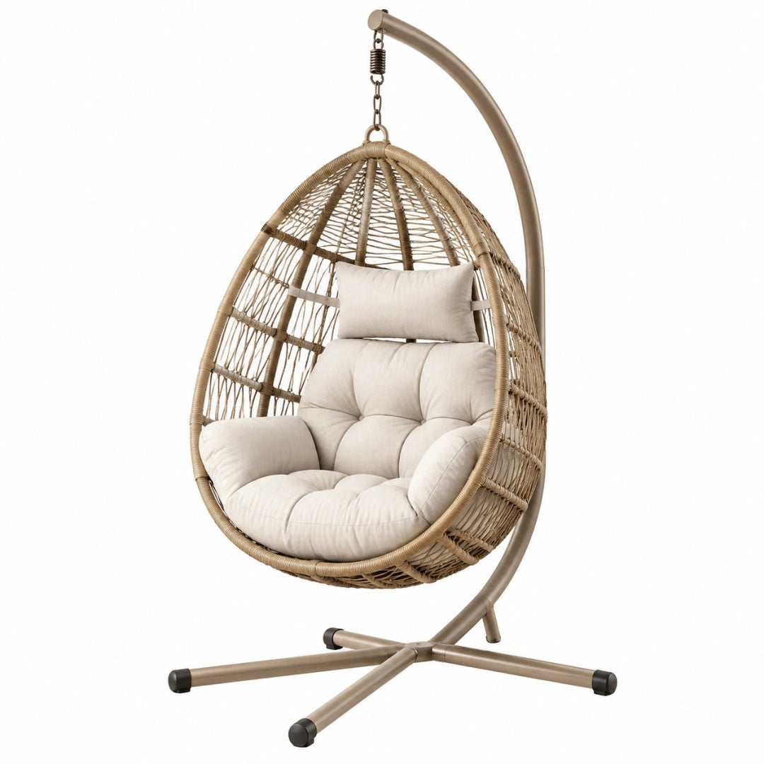 Hängesessel 105 x 105 x 195 cm aus Metall und Kunststoffgeflecht in Beige für den Innenbereich