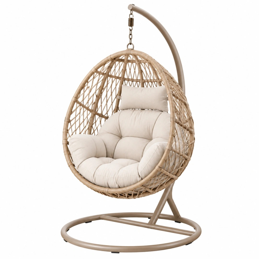 Hängesessel 105 x 105 x 195 cm beige Geflecht mit Metallgestell freischwingend für Garten und Wohnbereich