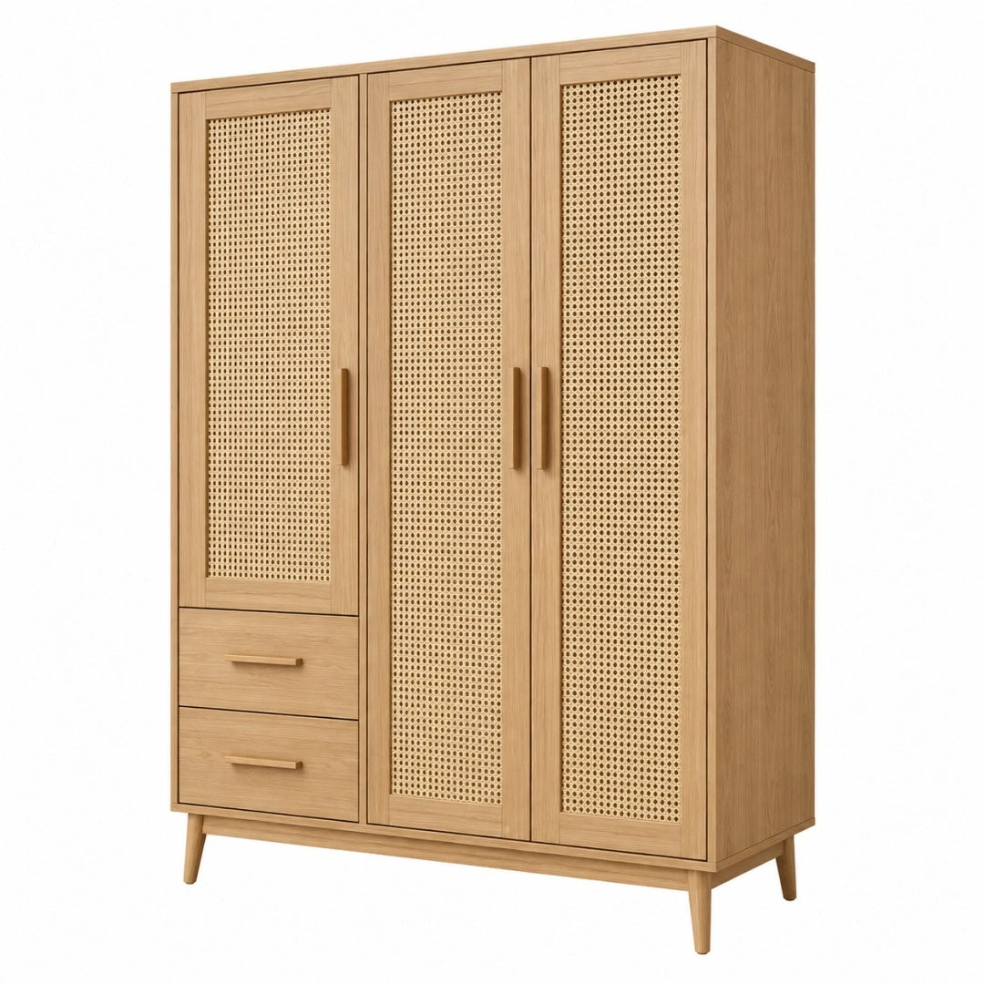 Kleiderschrank 120 x 55 x 190 cm Holz Natur mit Rattangeflecht im Mid Century Stil