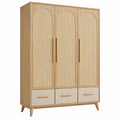 Kleiderschrank 135 x 55 x 190 cm Holz Rattan Naturbeige mit 3 Türen und 3 Schubladen