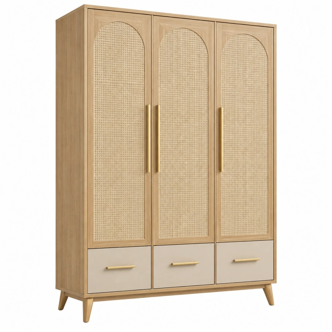 Kleiderschrank 135 x 55 x 190 cm Holz Rattan Naturbeige mit 3 Türen und 3 Schubladen