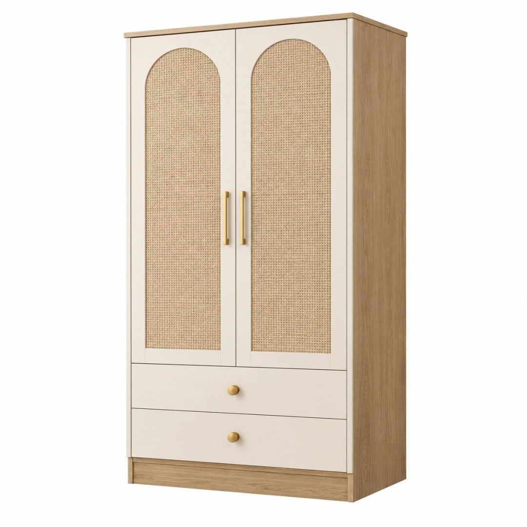 Kleiderschrank 80 x 45 x 180 cm Holzwerkstoff Beige Naturholz mit Geflechtoptik und 2 Schubladen