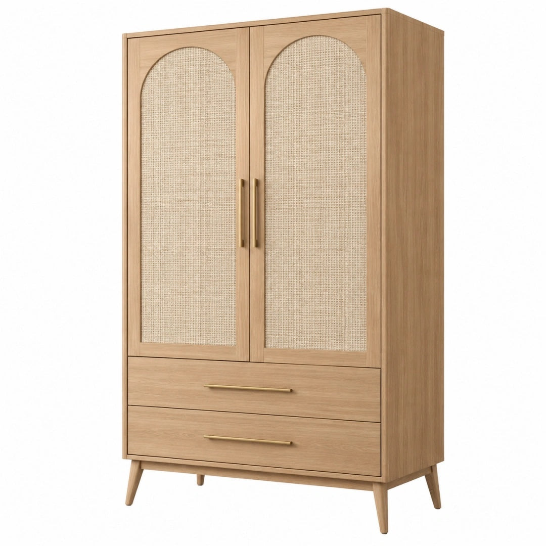 Kleiderschrank 100 x 55 x 190 cm Holzwerkstoff Natur mit Rattanfronten Mid-Century Aufbewahrung