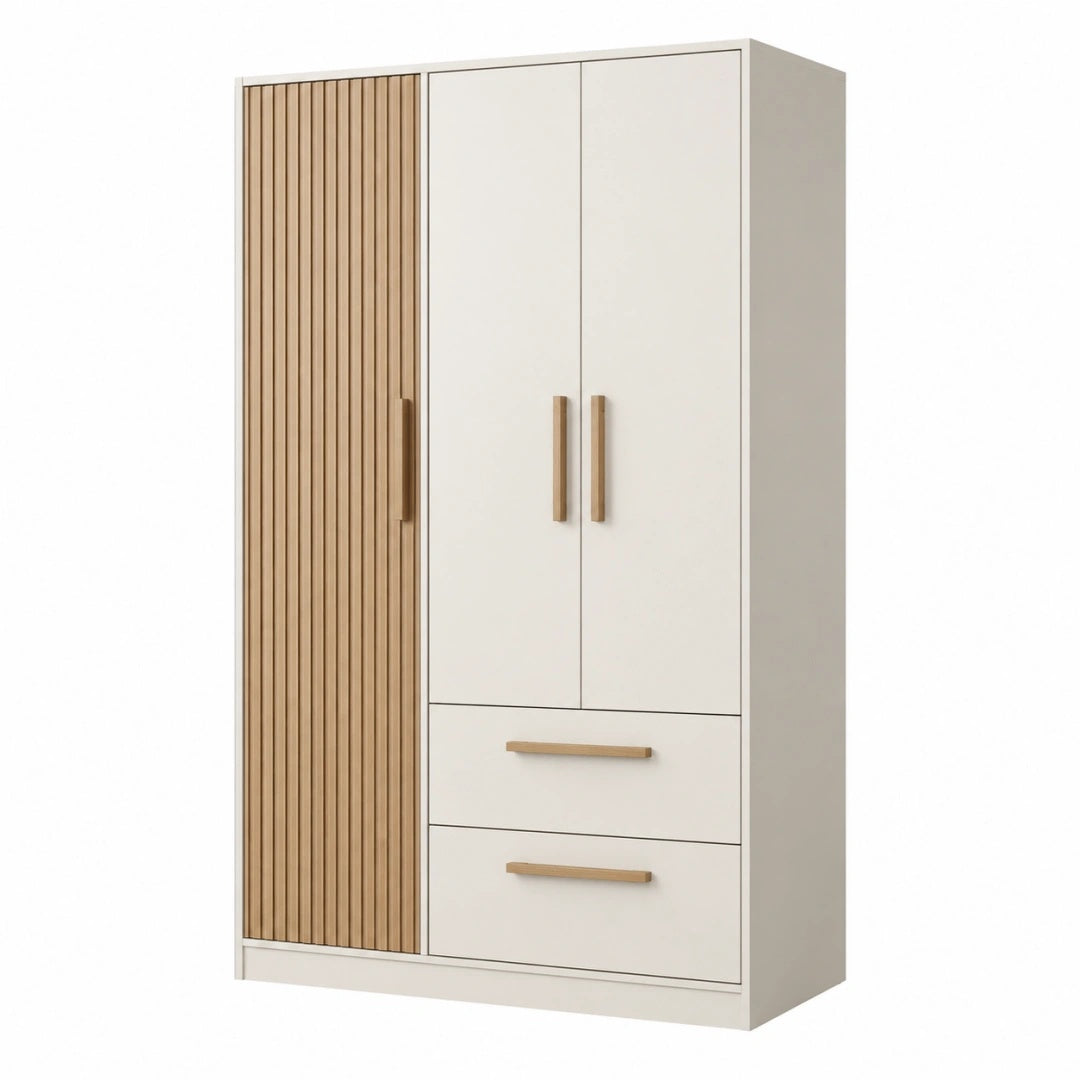 Kleiderschrank 120 x 55 x 200 cm Holzwerkstoff Weiß/Natur mit 3 Türen und 2 Schubladen