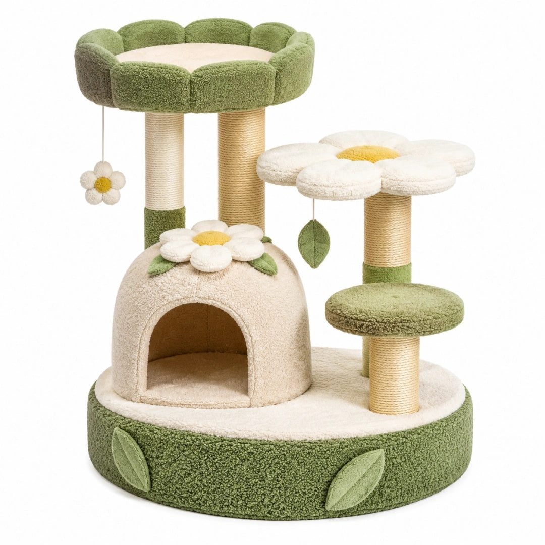 Kratzbaum 60 cm Grün Creme aus Plüsch und Sisal mit Katzenhöhle und Liegeflächen