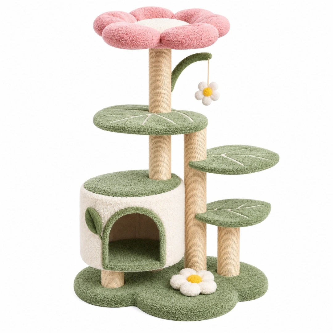 Kratzbaum 50 x 50 x 110 cm aus Plüsch und Sisal Grün Rosa mit Katzenhöhle und Liegeflächen