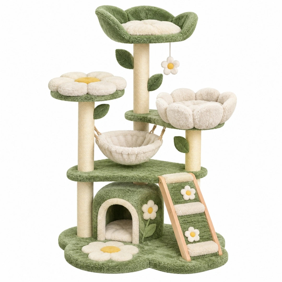 Katzenkratzbaum 60 x 60 x 140 cm Plüsch Sisal Grün Creme mit Höhle Hängematte und Liegeflächen