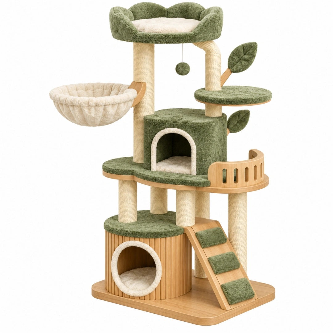 Katzenkratzbaum 60 x 50 x 150 cm aus Holz Sisal und Plüsch in Grün Beige mit Höhlen Liegeflächen und Hängematte