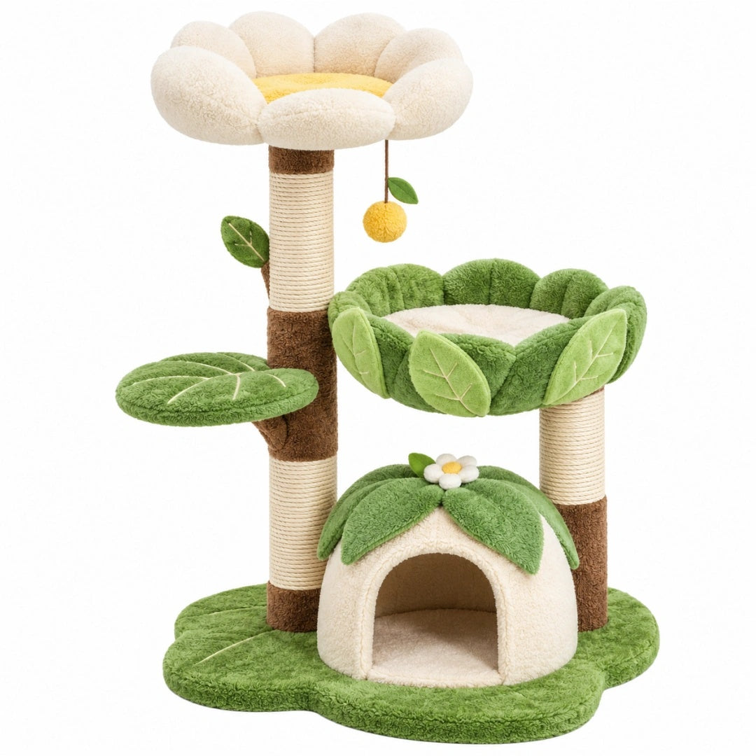 Kratzbaum 60 x 50 x 110 cm aus Plüsch und Sisal in Grün Creme mit Katzenhöhle und Liegeflächen