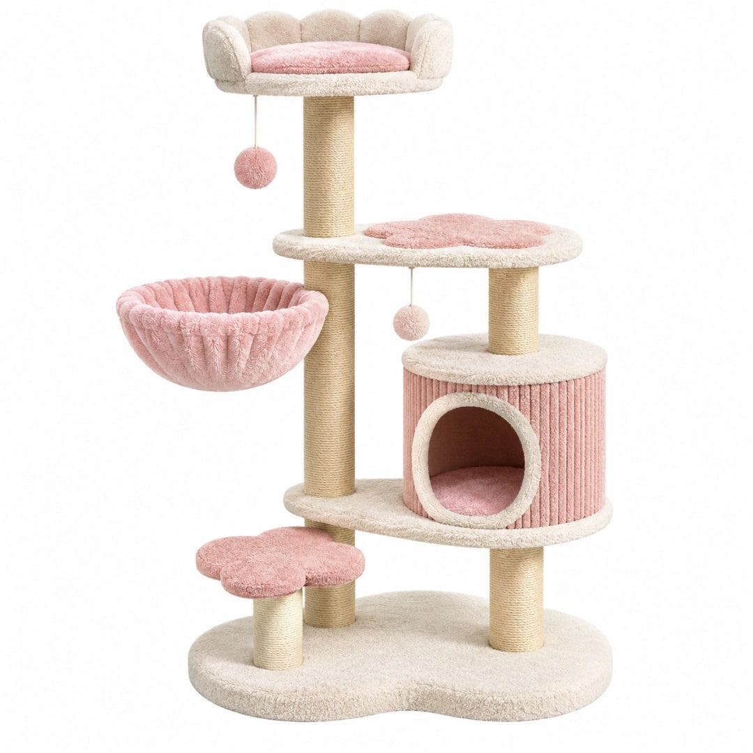 Katzenkratzbaum 60 x 50 x 145 cm aus Sisal und Plüsch in Rosa Creme mit Höhle und Liegeflächen