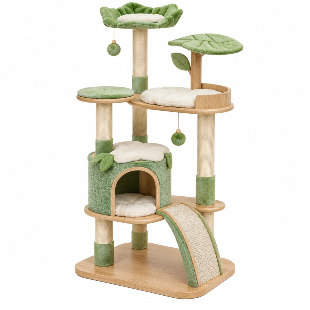 Katzenkratzbaum 60 x 50 x 150 cm Holz Sisal Grün Beige mit Liegeflächen und Katzenhöhle Blätterstil