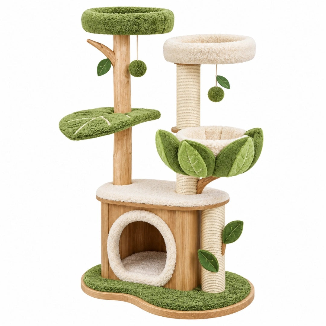 Kratzbaum 60 x 50 x 135 cm Holz Grün Creme mit Sisal und Liegeflächen
