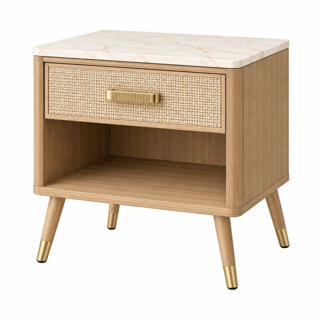 Nachttisch 50 x 40 x 60 cm Holzwerkstoff Naturbeige mit Rattangeflecht Ablagefach