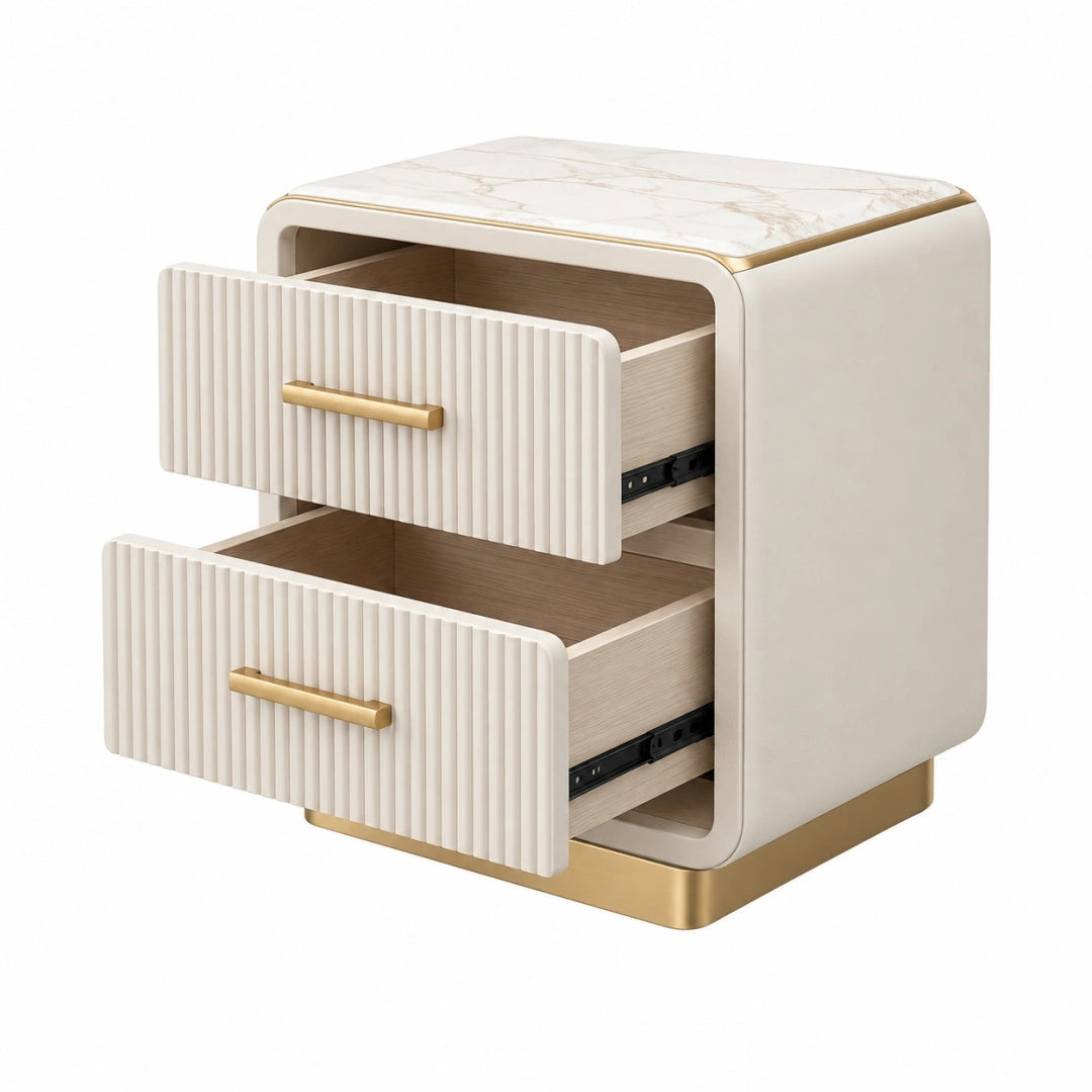Nachttisch 50 x 40 x 55 cm Holzwerkstoff Weiß Gold mit 2 Schubladen geriffelter Front