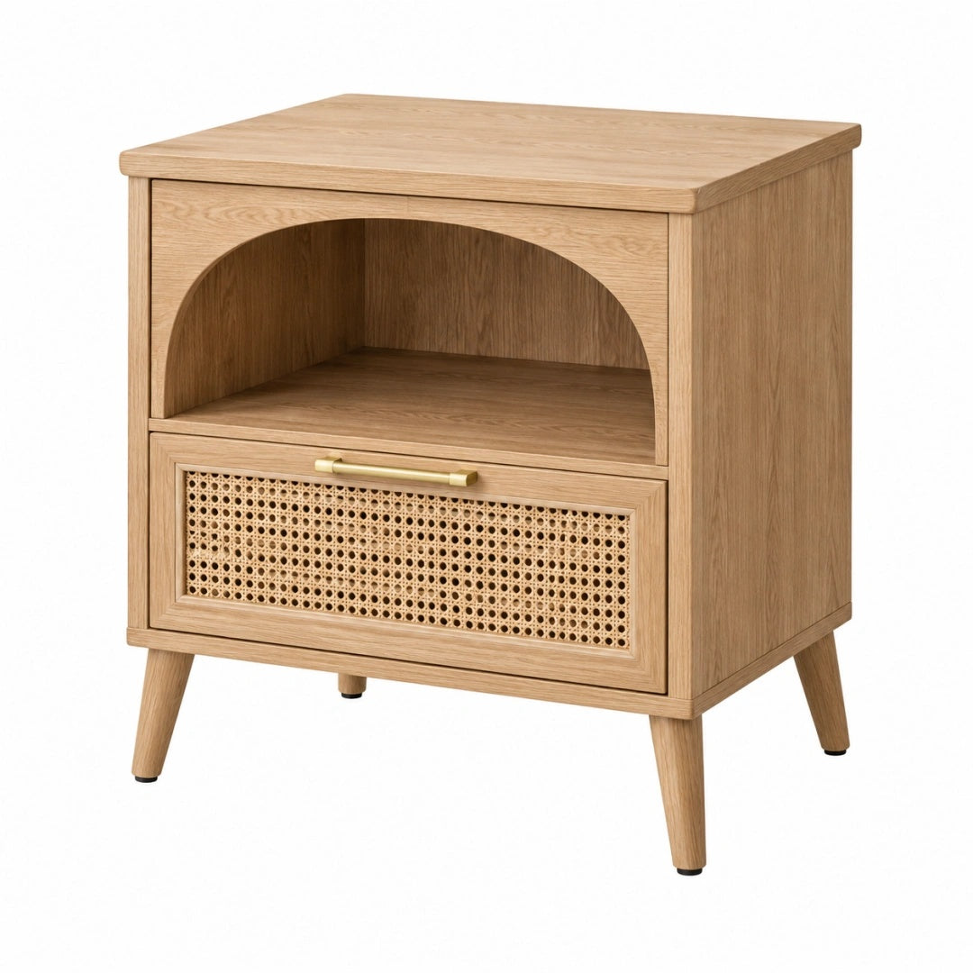 Nachttisch 60 x 40 x 65 cm Holzoptik mit Rattangeflecht Retro-Stil