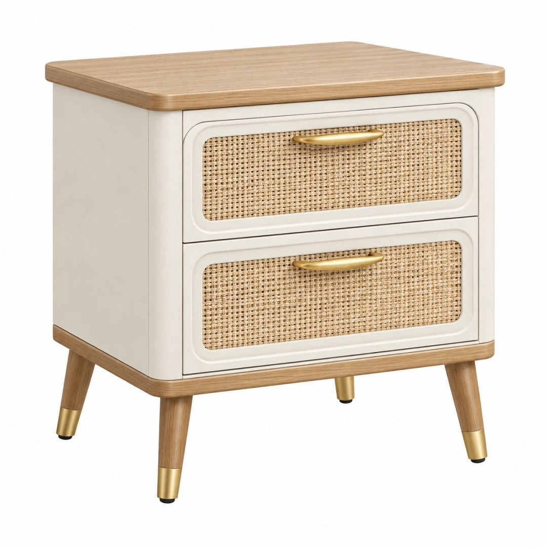 Nachttisch 50 x 40 x 60 cm Holz Rattan Weiß Natur mit 2 Schubladen