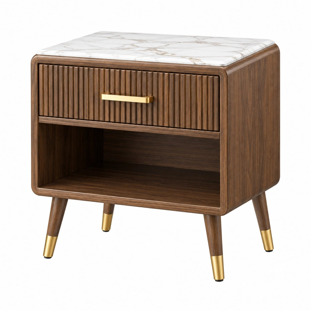 Nachttisch 50 x 45 x 60 cm Holzoptik Braun Weiß Gold mit Schublade Marmoroptik Retro