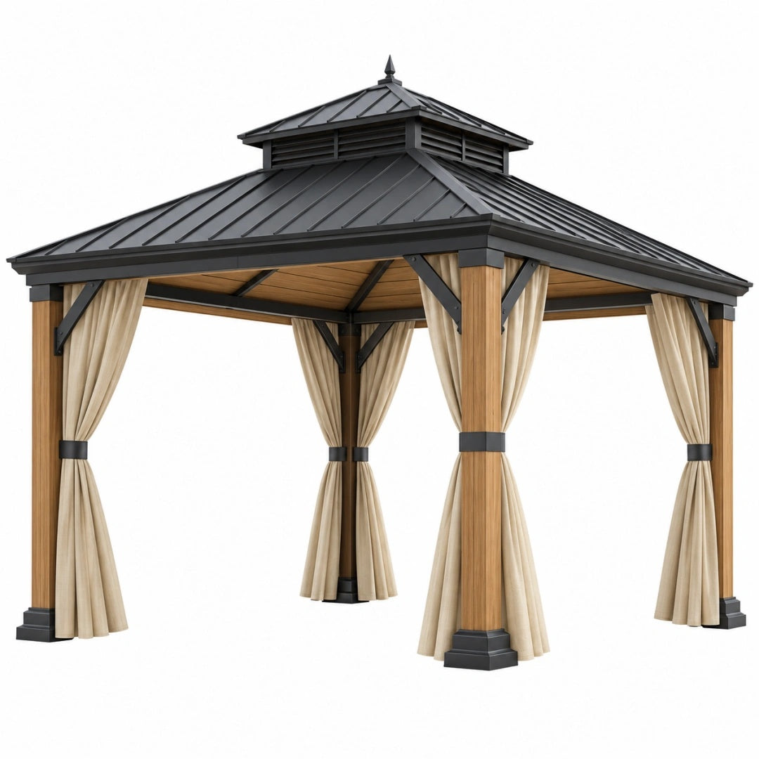 Gartenpavillon 300 x 300 cm Holz Metall Beige Schwarz mit Vorhängen