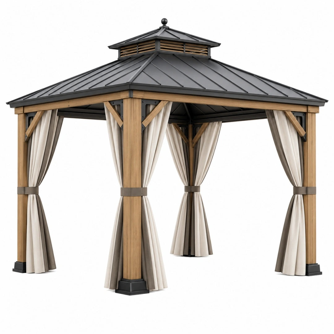 Gartenpavillon 300 x 300 x 300 cm aus Holz und Metall mit Vorhängen