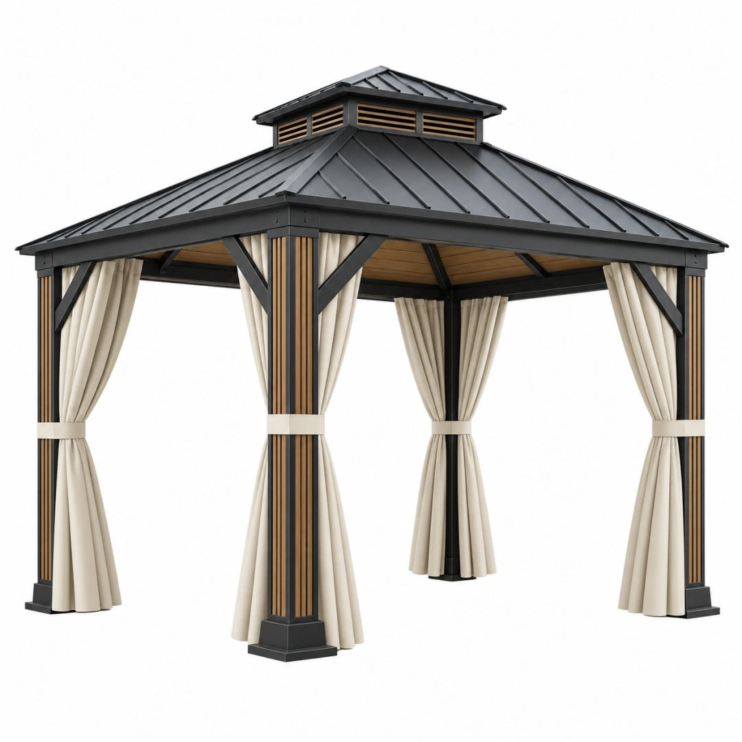 Gartenpavillon 300 x 300 x 300 cm aus Metall in Schwarz Beige mit Vorhängen