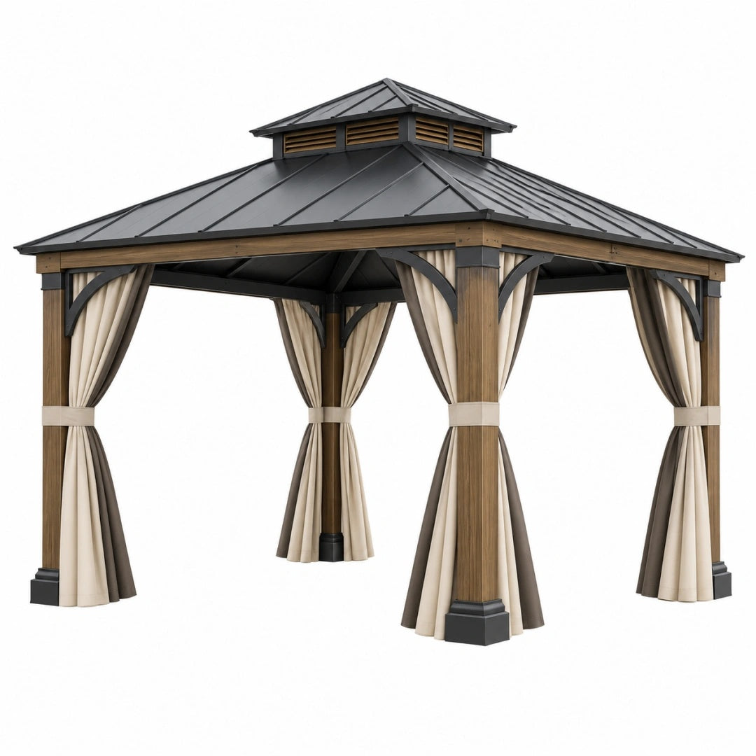 Gartenpavillon 300 x 300 x 300 cm aus Holz und Metall Braun Schwarz mit Vorhängen und Dachlüftung