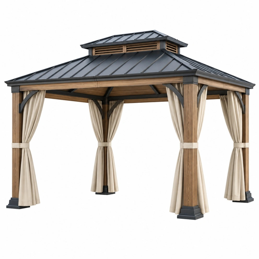 Gartenpavillon 300 x 300 x 300 cm aus Metall und Textil Braun Anthrazit mit Vorhängen für Terrasse