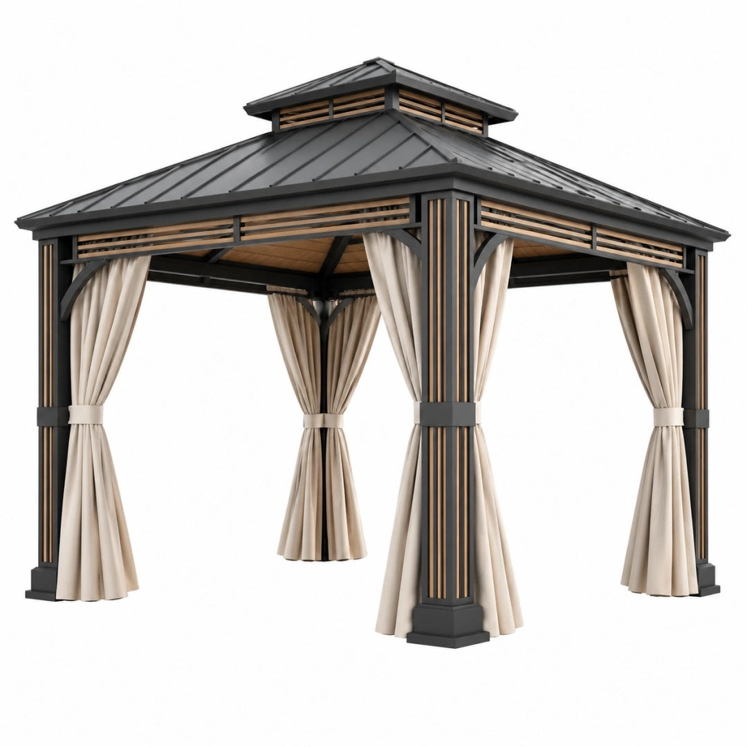Pavillon 300 x 300 x 290 cm Metall Schwarz Beige mit Vorhängen für Garten