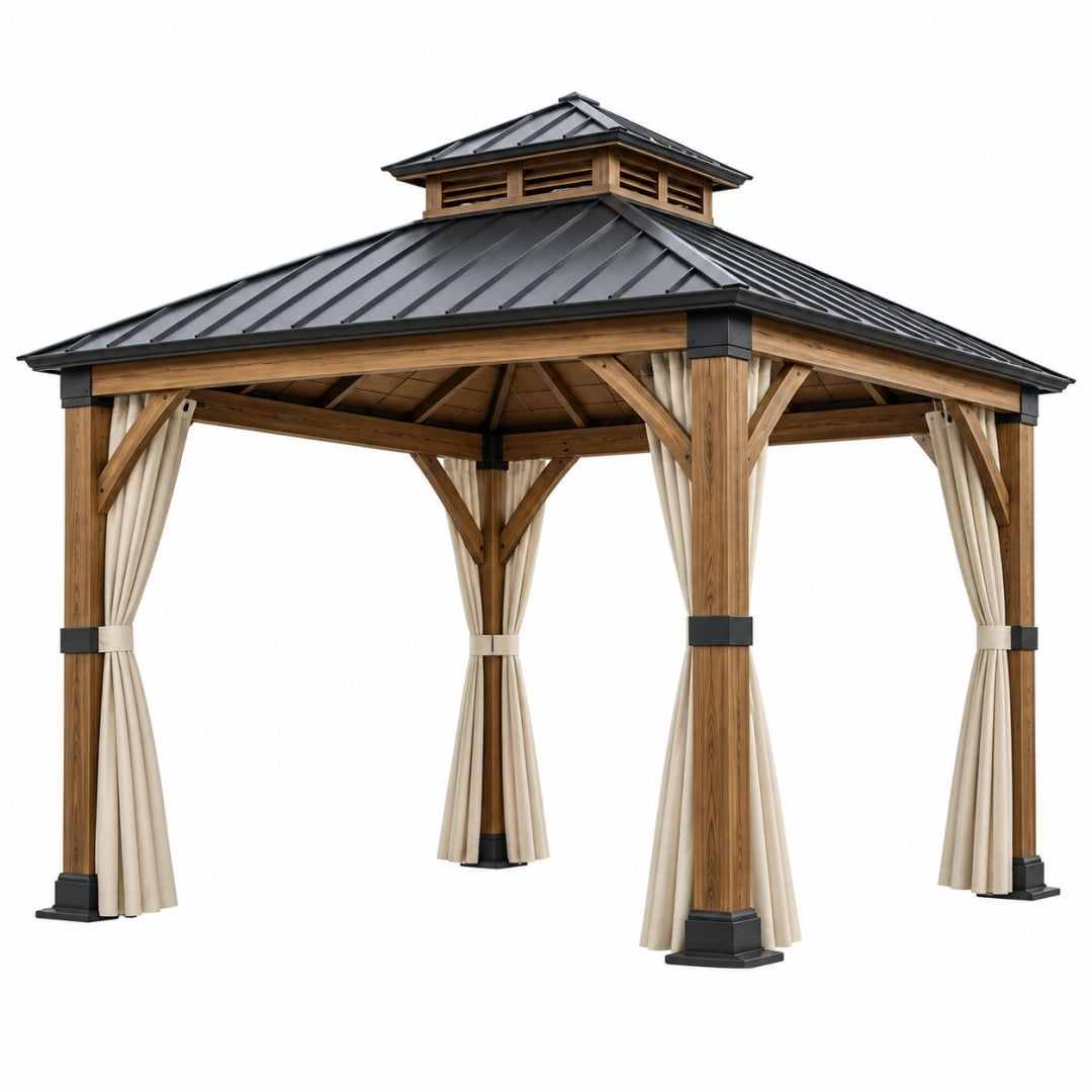 Gartenpavillon 300 x 300 x 300 cm Holz Metall Beige Schwarz mit Vorhängen