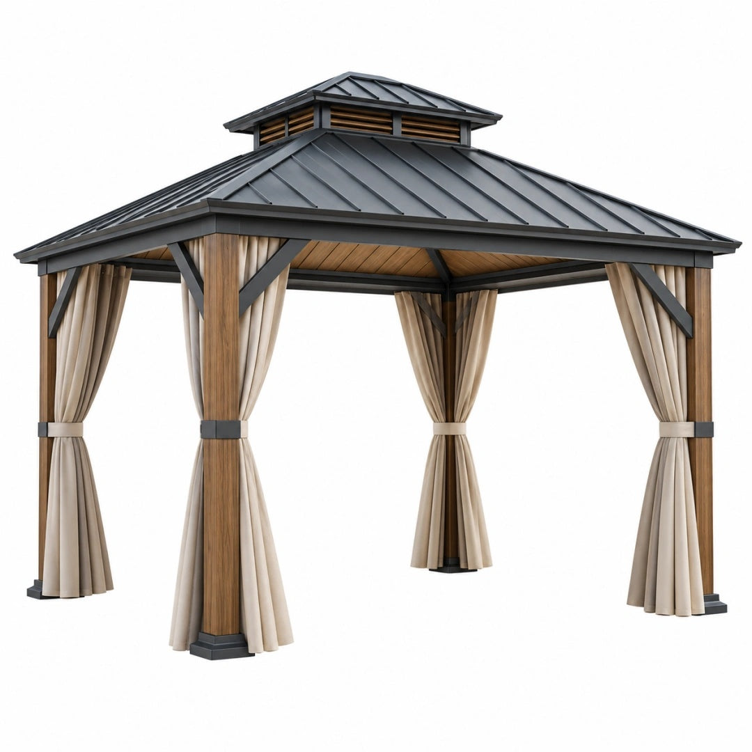 Gartenpavillon 300 x 300 cm Holz Beige mit Vorhängen und Metalldach