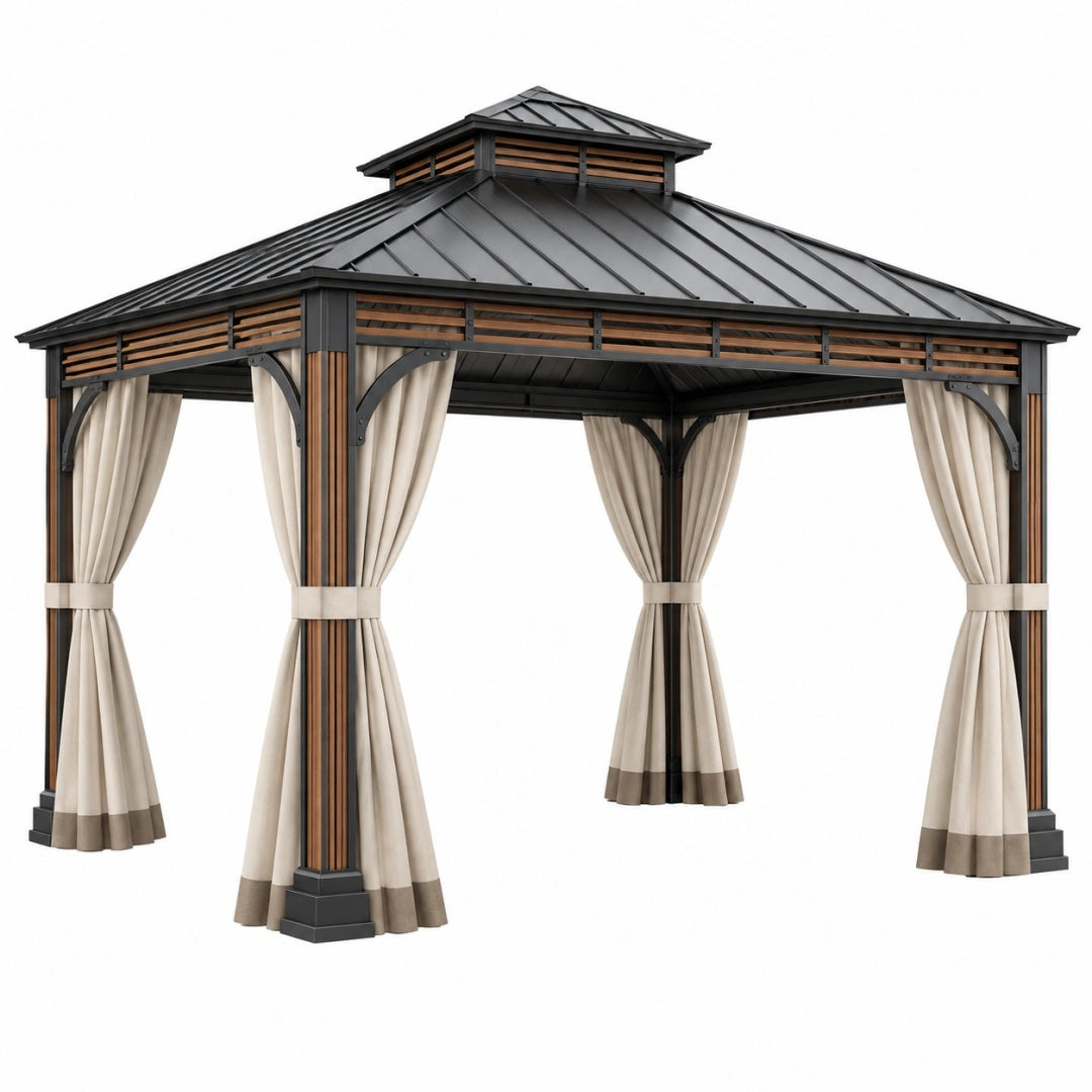Gartenpavillon 300 x 300 x 320 cm aus Metall Beige Braun Anthrazit mit Vorhängen und Metalldach