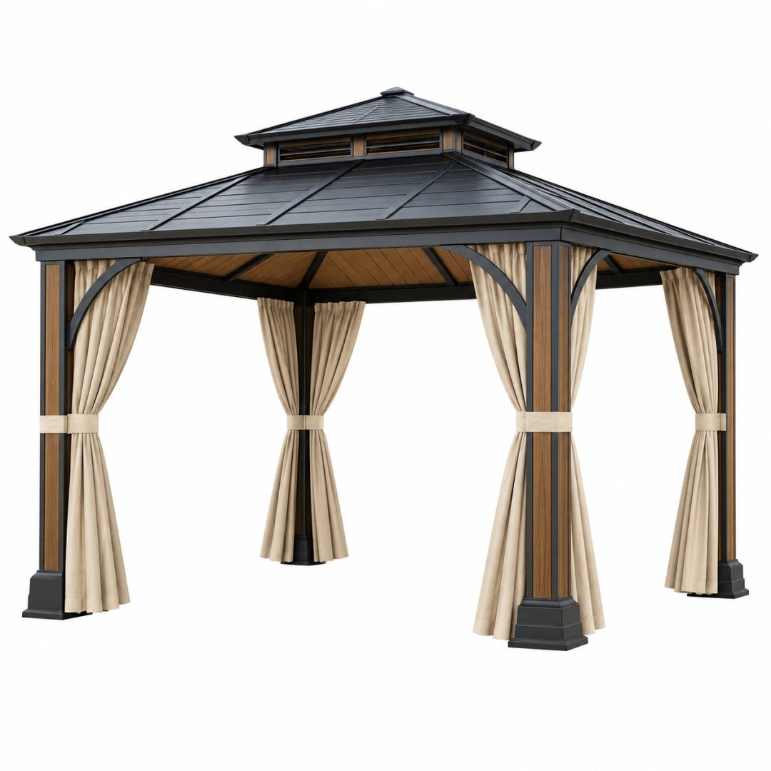Gartenpavillon 300 x 300 x 300 cm Metall Holzoptik Beige mit Vorhängen