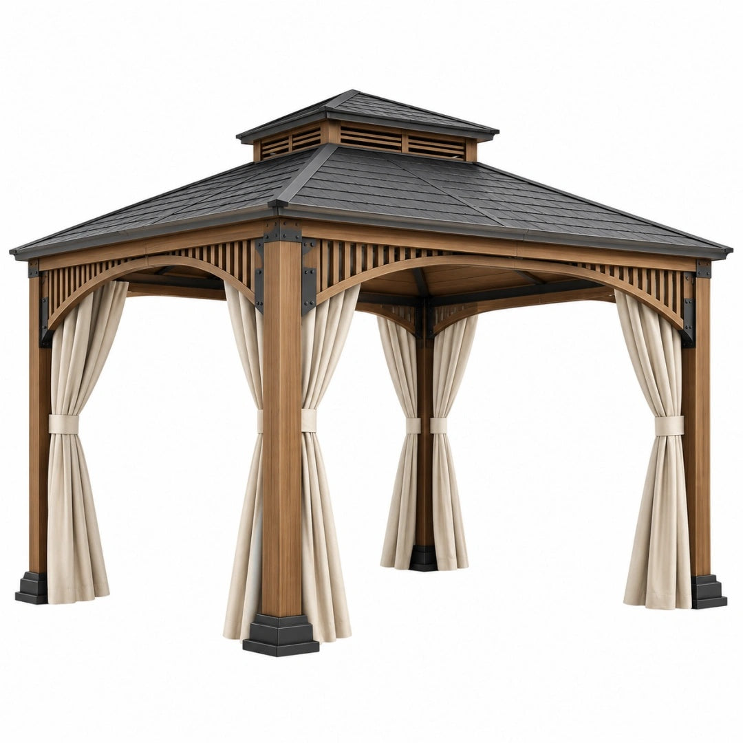 Gartenpavillon 300 x 300 cm Holz Beige mit Vorhängen und Dach