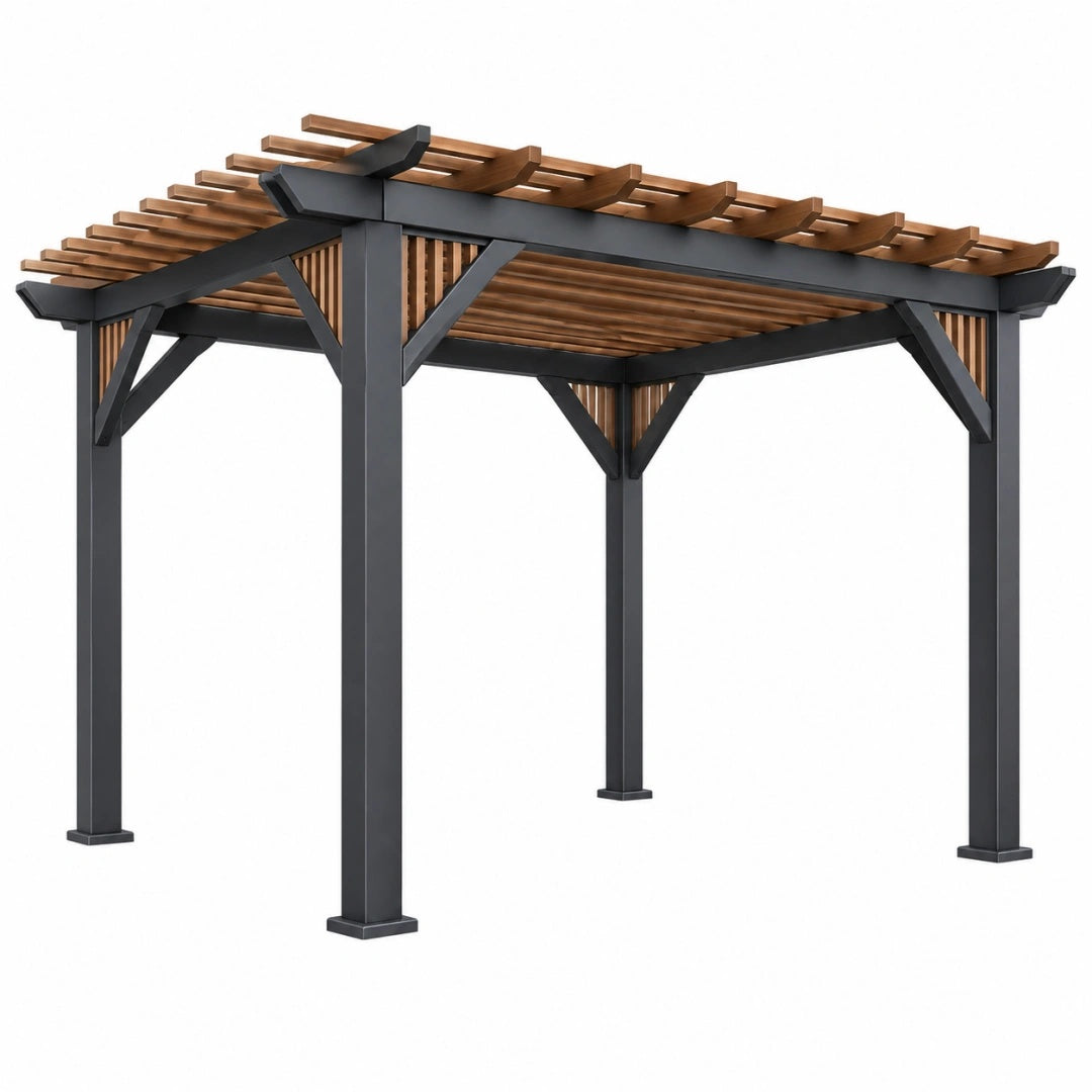 Pergola 300 x 300 x 230 cm aus Metall und Holz in Schwarz/Natur - freistehender Gartenpavillon mit Lamellendach