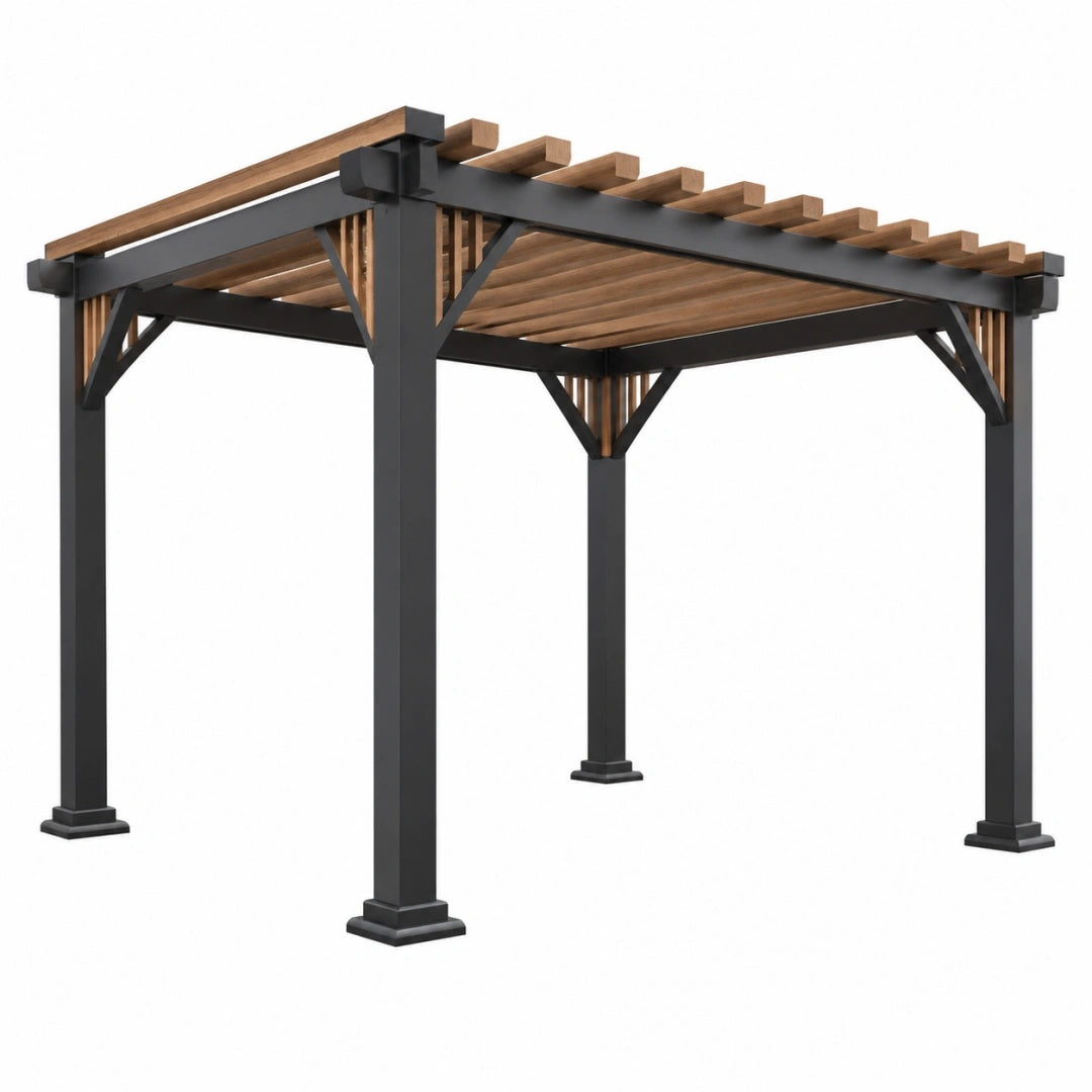 Pergola 300 x 300 x 250 cm aus Stahl und Holz in Schwarz/Braun mit offenem Latendach für den Garten