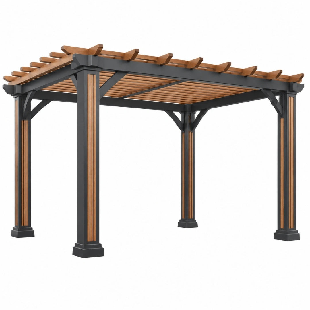 Pergola 300 x 300 x 230 cm Metall und Holz Schwarz Braun mit offenem Lattendach