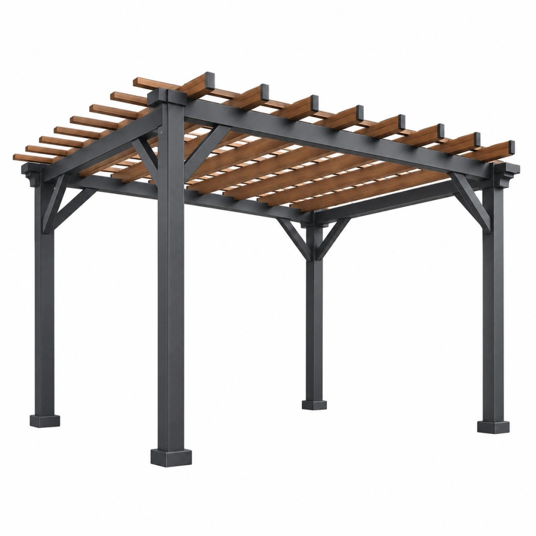 Gartenpergola 300 x 300 x 230 cm aus Stahl und Holz in Braun Schwarz mit Lamellendach