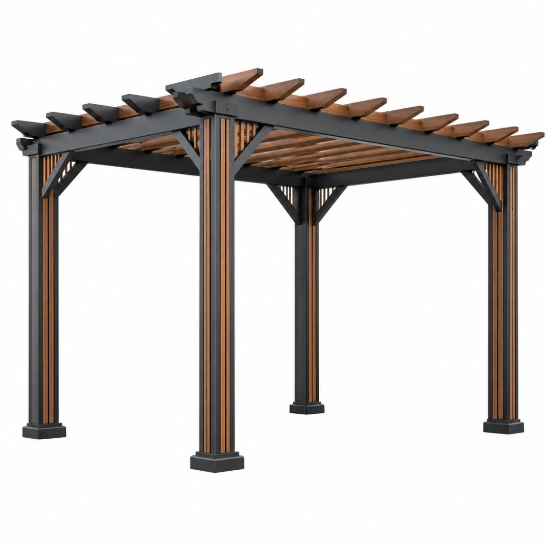 Pergola 300 x 300 x 230 cm aus Metall in Braun Schwarz für den Außenbereich mit Lamellendach